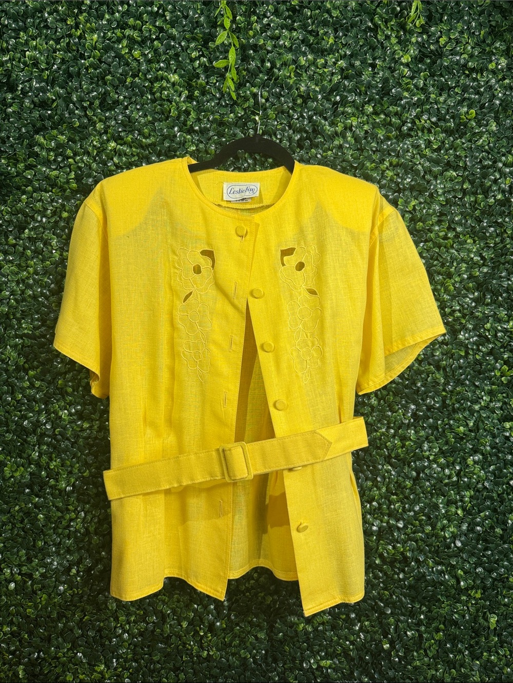 Leslie Fay Sunny Yellow Short-Sleeve Button Top with Belt